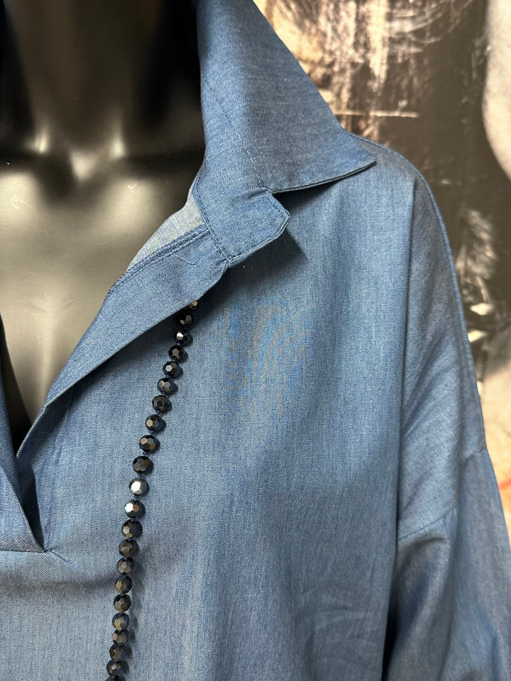 Tunique bleu denim "Skull & Butterflies" 100% coton (40/44) MADE IN ITALY