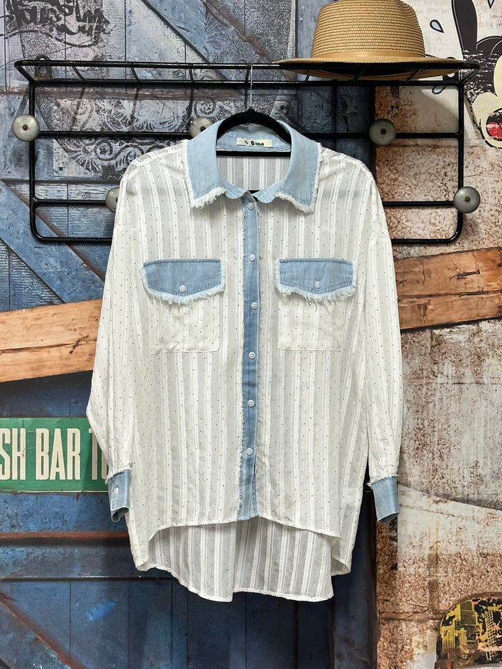 Chemise "strass" blanc & denim clair  (38/40) et (40/42)