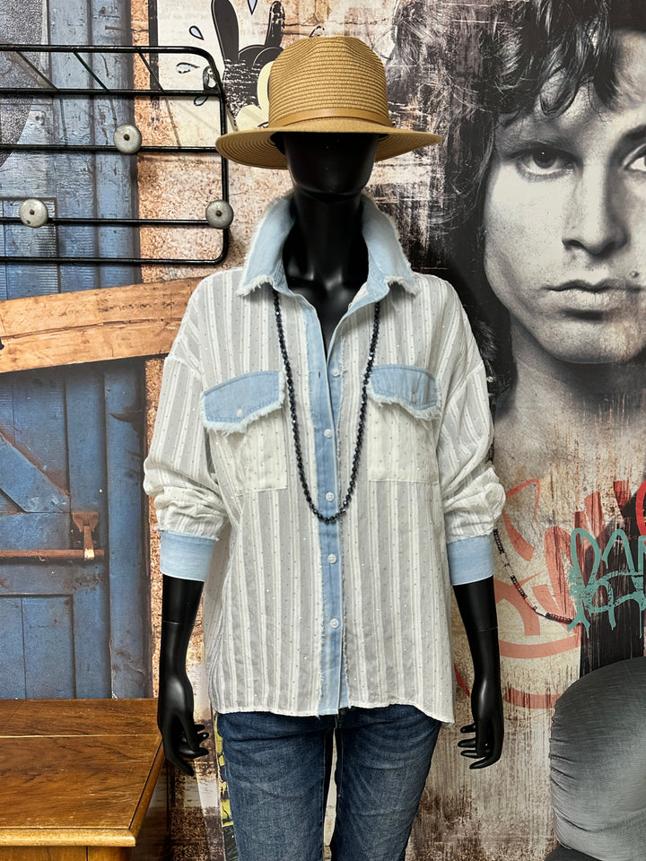 Chemise "strass" blanc & denim clair  (38/40) et (40/42)