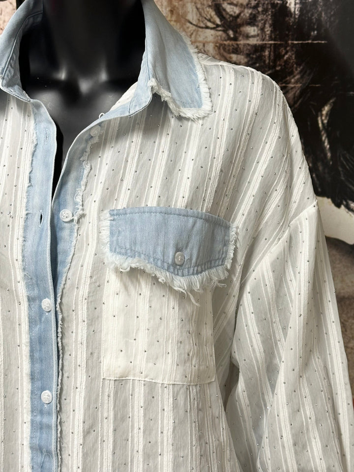 Chemise "strass" blanc & denim clair  (38/40) et (40/42)