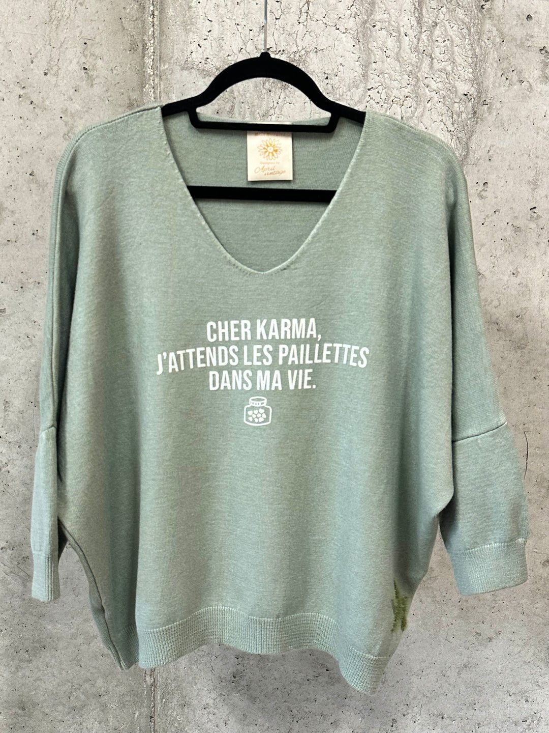 Pull col V & manches 3/4 "Cher Karma..." (38/42) MADE IN ITALY