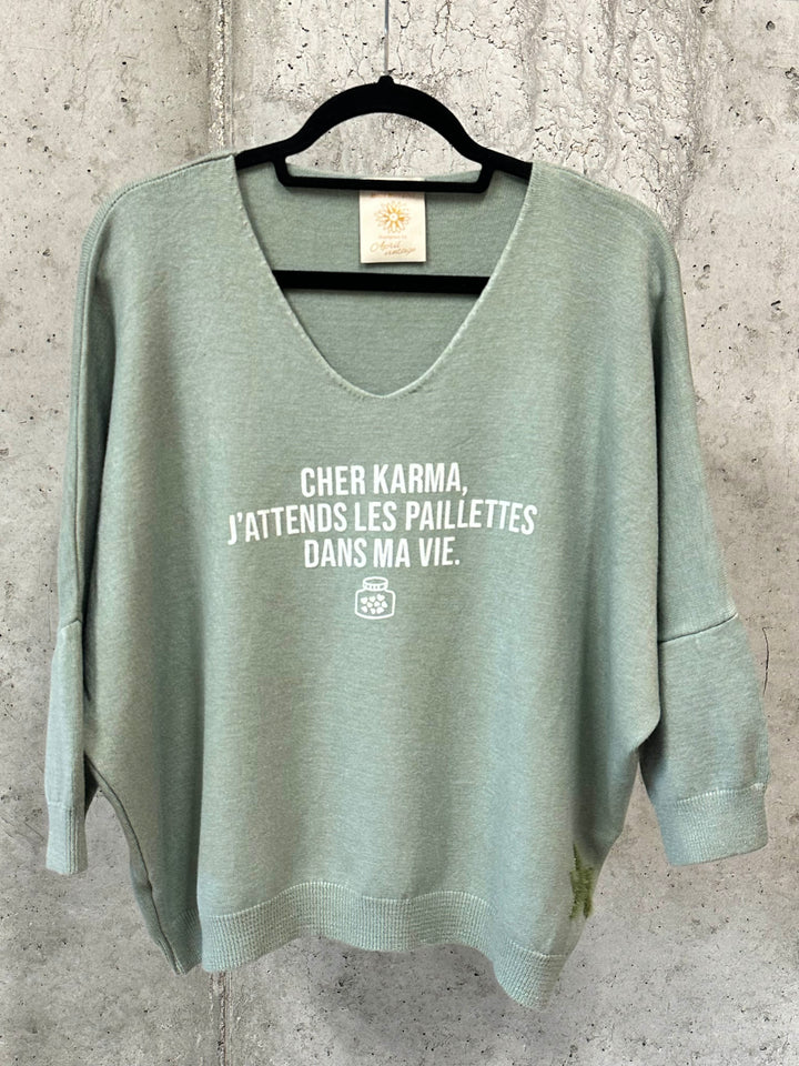 Pull col V & manches 3/4 "Cher Karma..." (38/42) MADE IN ITALY