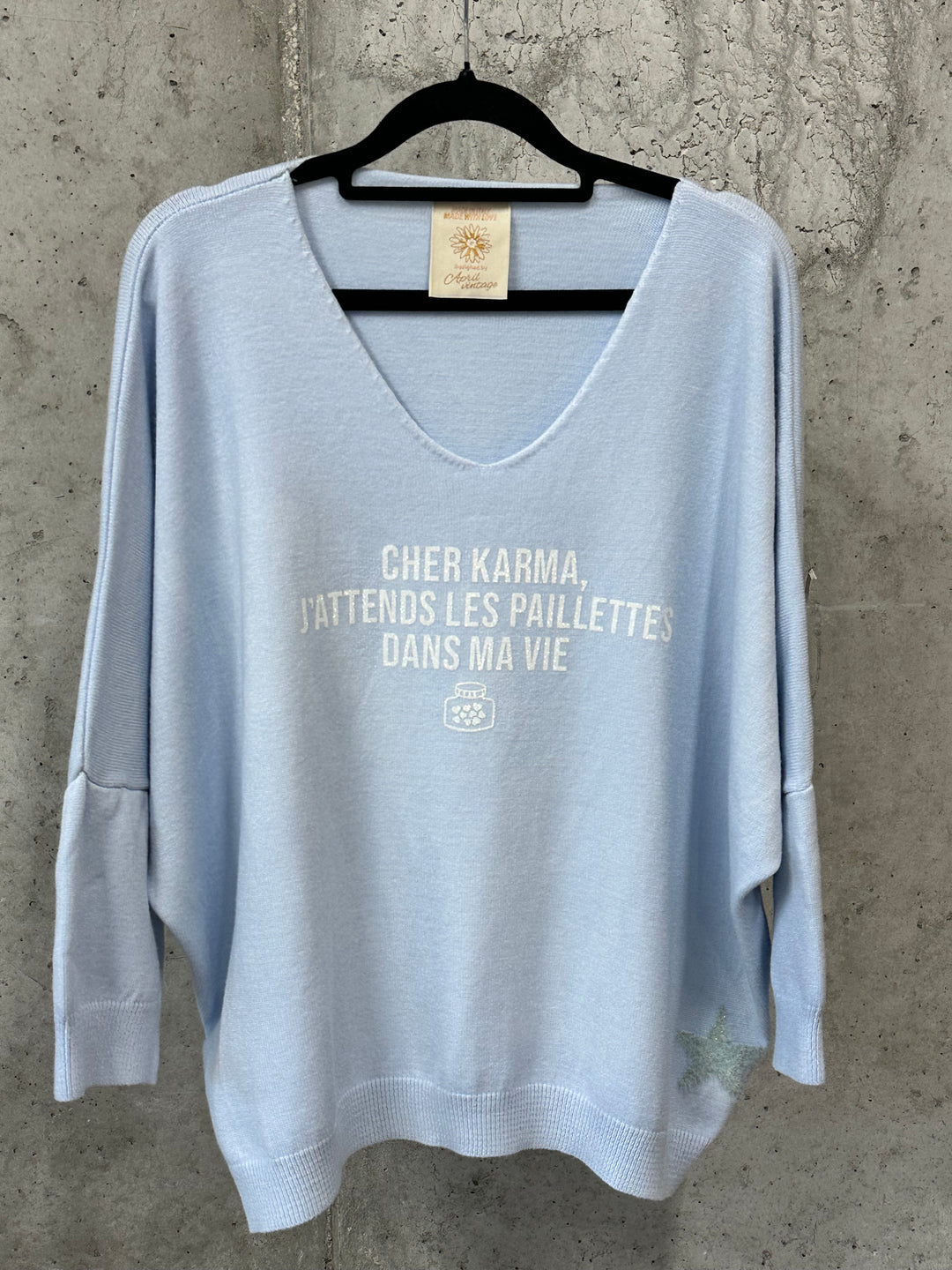 Pull col V & manches 3/4 "Cher Karma..." (38/42) MADE IN ITALY