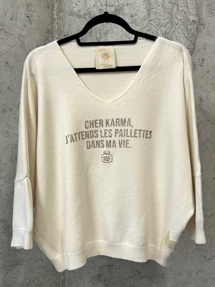 Pull col V & manches 3/4 "Cher Karma..." (38/42) MADE IN ITALY