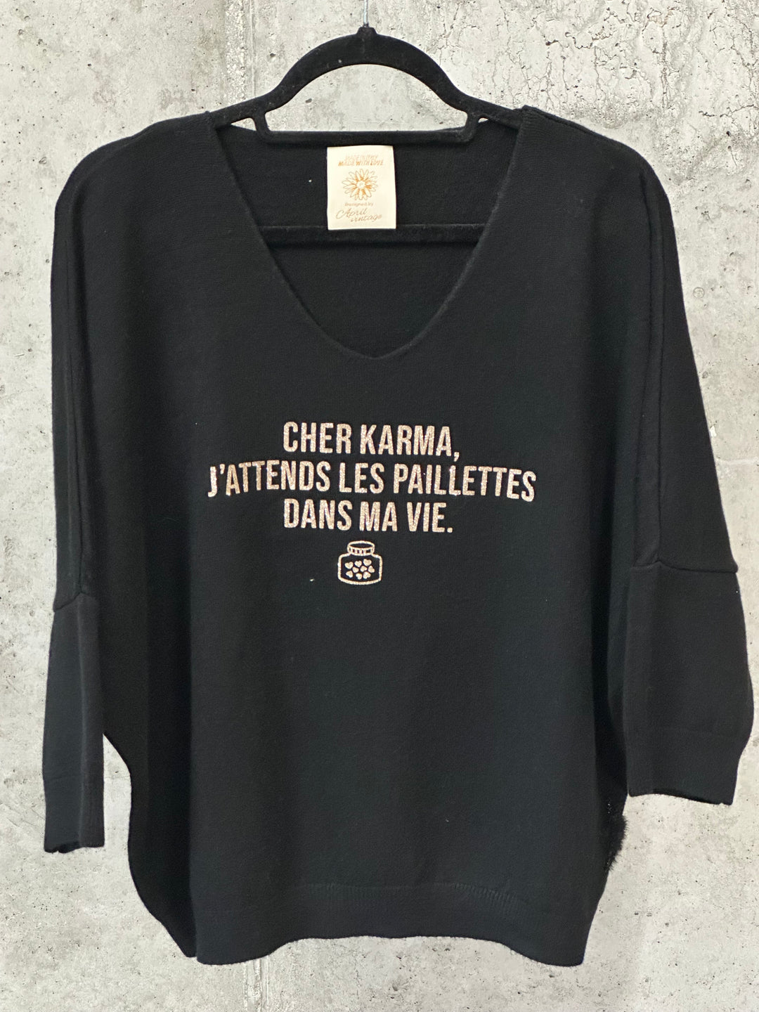 Pull col V & manches 3/4 "Cher Karma..." (38/42) MADE IN ITALY