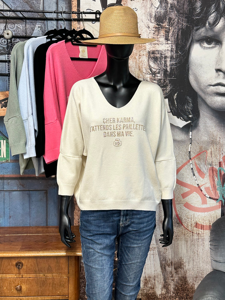 Pull col V & manches 3/4 "Cher Karma..." (38/42) MADE IN ITALY