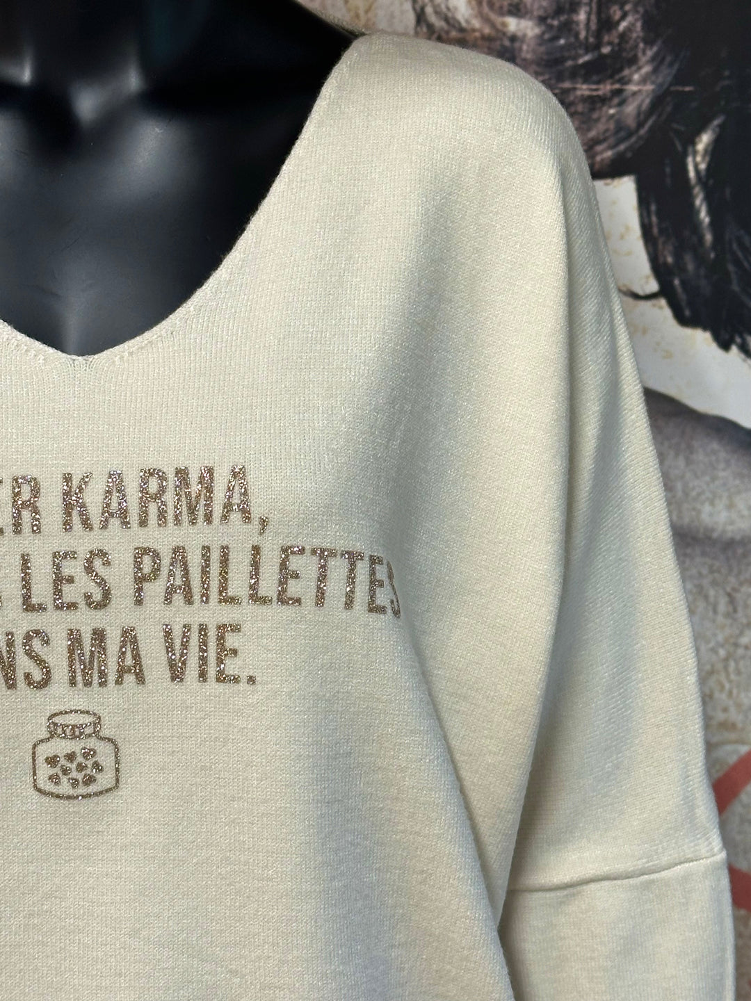 Pull col V & manches 3/4 "Cher Karma..." (38/42) MADE IN ITALY