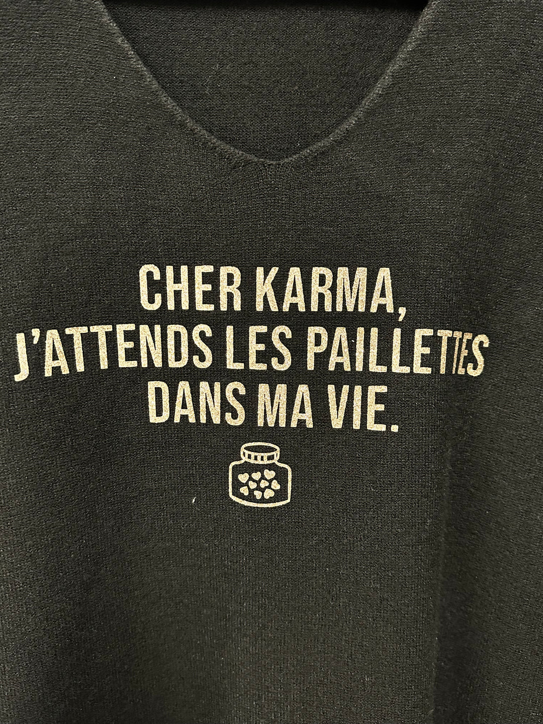 Pull col V & manches 3/4 "Cher Karma..." (38/42) MADE IN ITALY