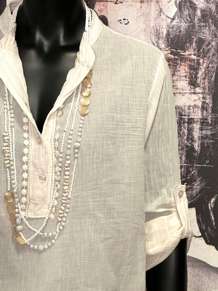 Bluse aus Baumwollvoile im Bohème-Stil Ecru