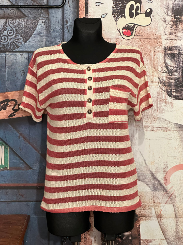 Gestreiftes Strick-T-Shirt in Beige & Terracotta
