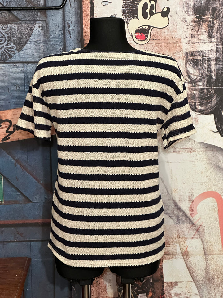 Gestreiftes Strick-T-Shirt in Beige & Marineblau