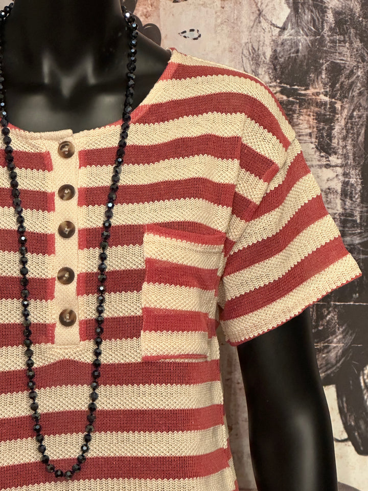 Gestreiftes Strick-T-Shirt in Beige & Terracotta