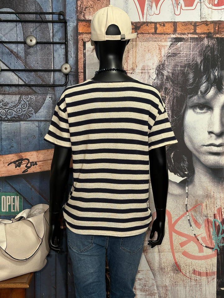 Gestreiftes Strick-T-Shirt in Beige & Marineblau