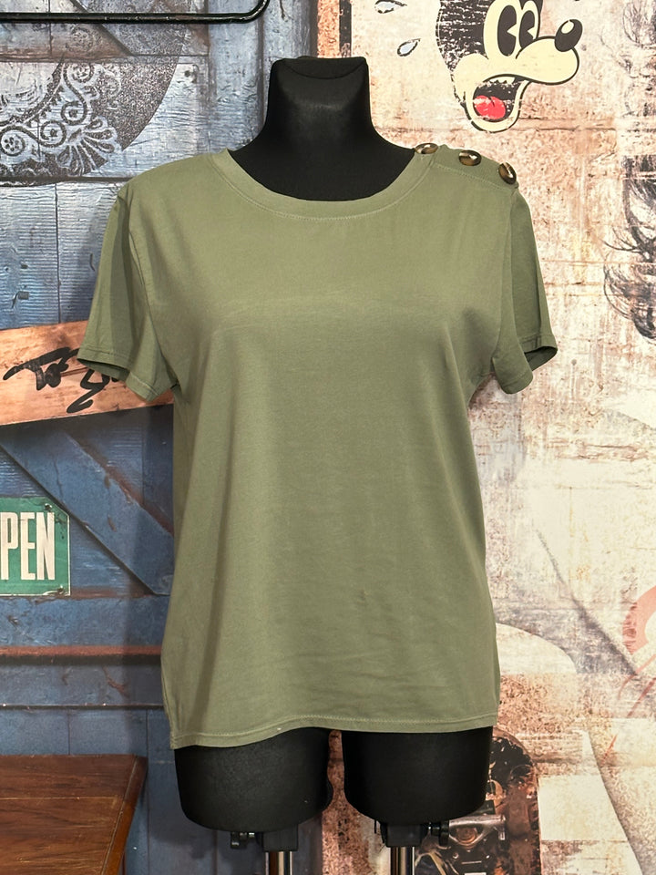 T-Shirt mit Rundhalsausschnitt & Knöpfen in Khaki