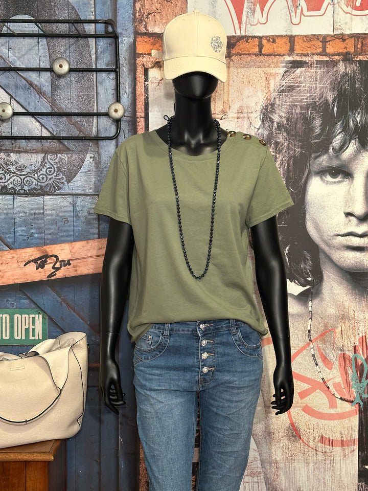T-Shirt mit Rundhalsausschnitt & Knöpfen in Khaki