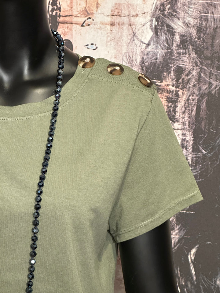 T-Shirt mit Rundhalsausschnitt & Knöpfen in Khaki