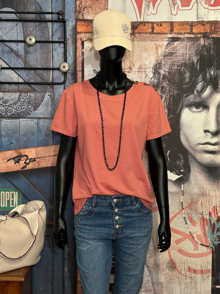 T-Shirt mit Rundhalsausschnitt & Knöpfen in Vintage-Rosa