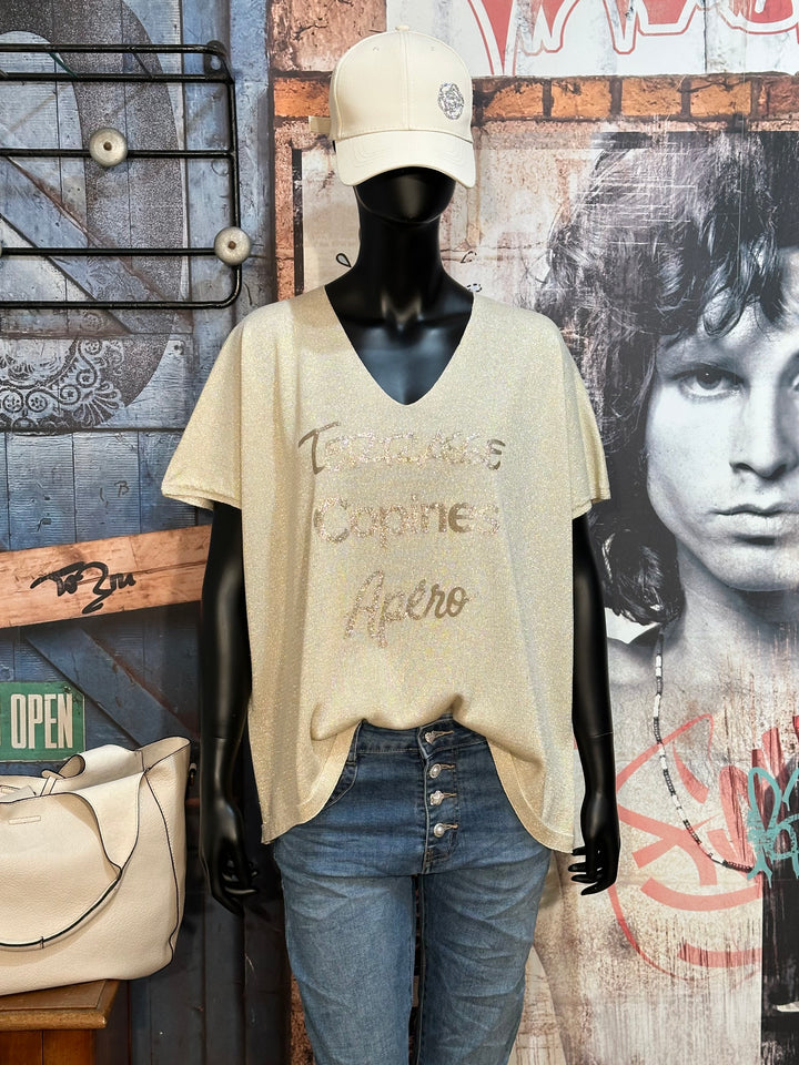 Ultra fließendes T-Shirt + Size "Terrasse Copines Apéro" Hellbeige