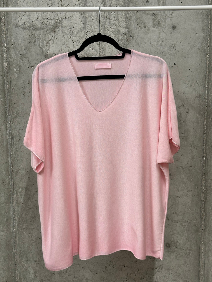 T-Shirt mit Washed-Effekt, V-Ausschnitt und silbernem Lurex-Besatz (38/44) MADE IN ITALY