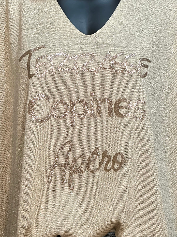 Ultra fließendes T-Shirt + Size "Terrasse Copines Apéro" Hellbeige