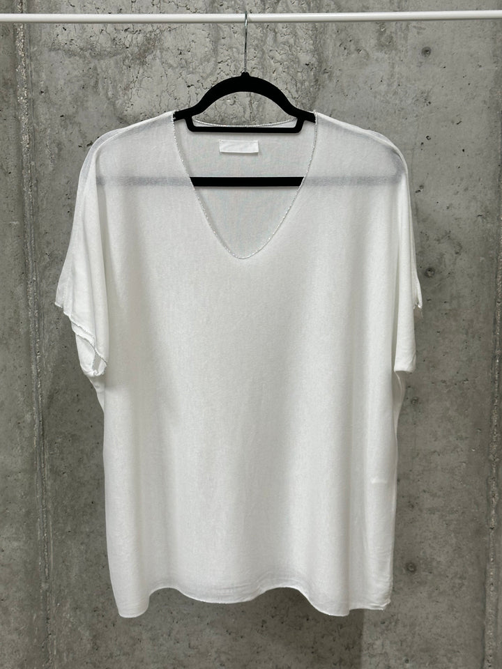 T-Shirt mit Washed-Effekt, V-Ausschnitt und silbernem Lurex-Besatz (38/44) MADE IN ITALY