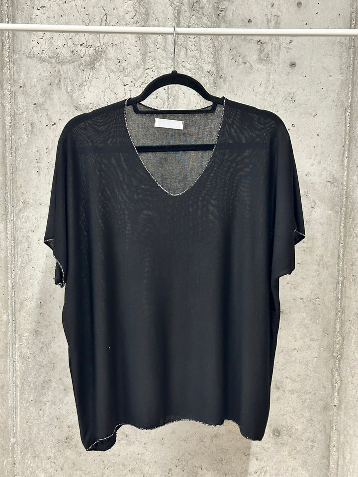 T-Shirt mit Washed-Effekt, V-Ausschnitt und silbernem Lurex-Besatz (38/44) MADE IN ITALY