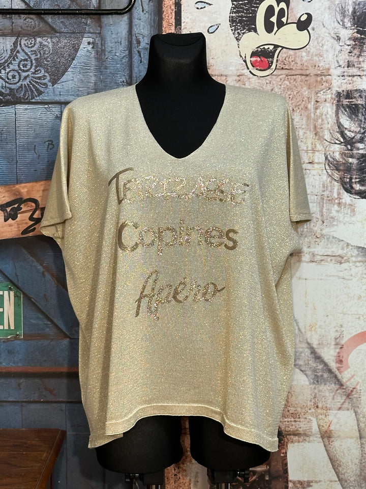Ultra fließendes T-Shirt + Size "Terrasse Copines Apéro" Hellbeige