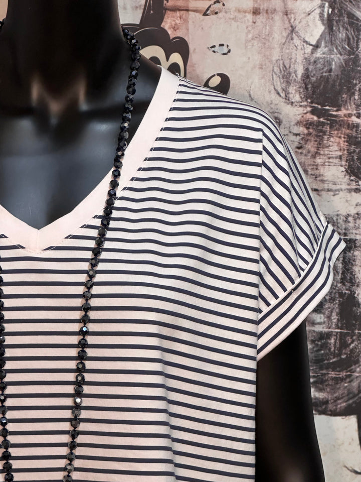 Marinière-T-Shirt mit V-Ausschnitt in Pastellrosa & Marineblau