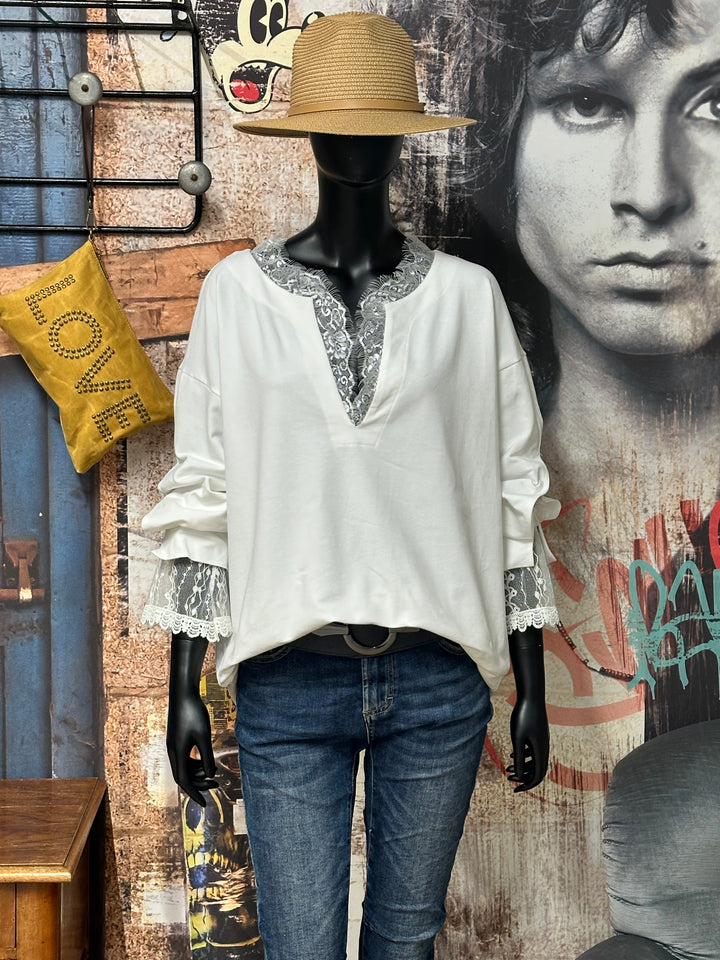 Weißer Pullover mit Spitzendetails (36/40) MADE IN ITALY