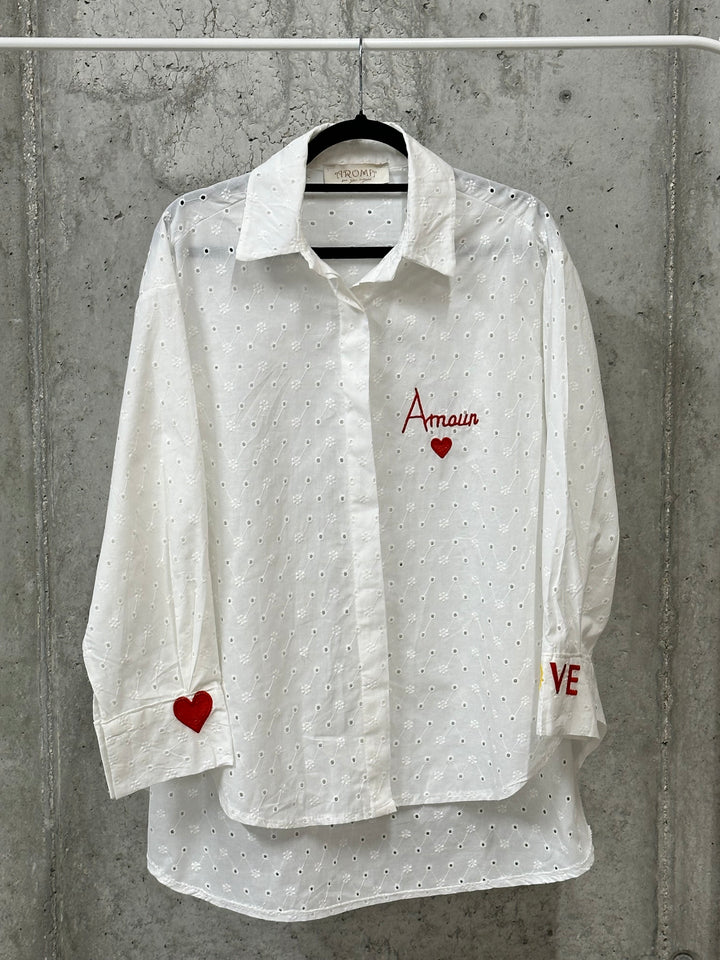 Weiße Bluse aus 100 % Baumwolle mit „Amour“-Bordüre (Größe 40/44) MADE IN ITALY