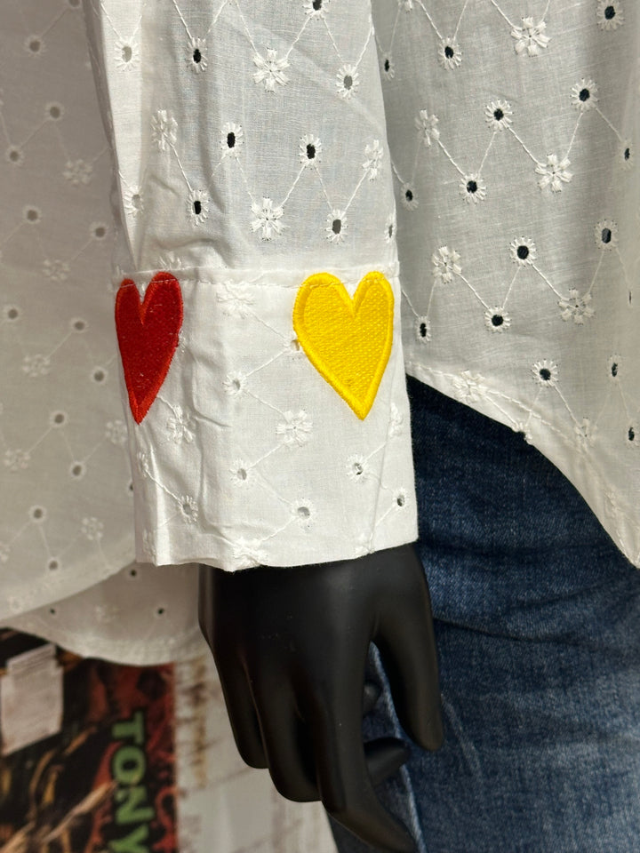 Weiße Bluse aus 100 % Baumwolle mit „Amour“-Bordüre (Größe 40/44) MADE IN ITALY