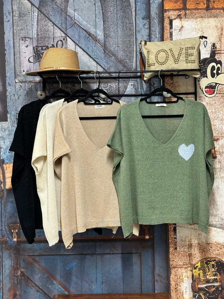 Kurzes Oversize-T-Shirt aus Strick mit „Herz“-Motiv (42/46) 100 % Baumwolle MADE IN ITALY