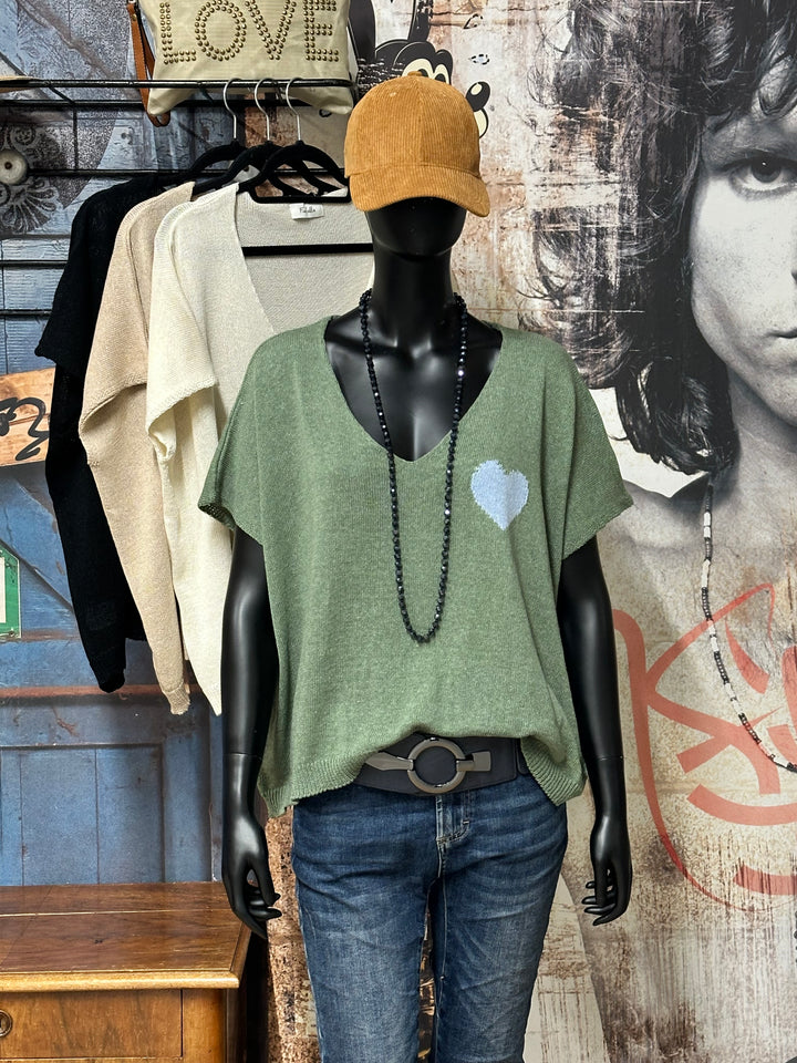 Kurzes Oversize-T-Shirt aus Strick mit „Herz“-Motiv (42/46) 100 % Baumwolle MADE IN ITALY