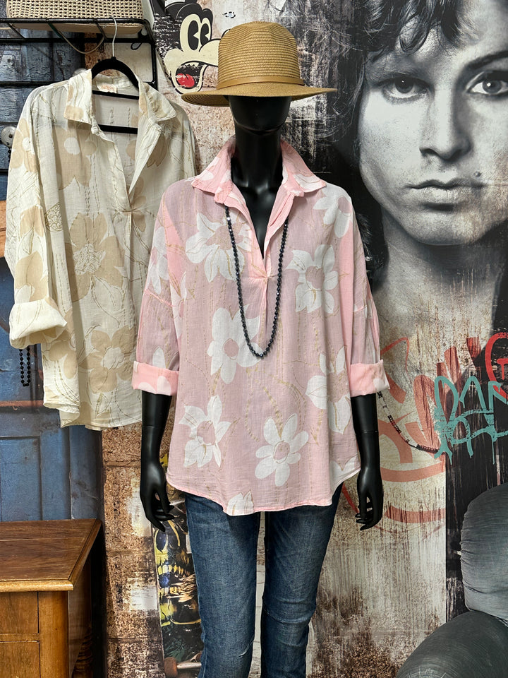 Oversize-Bluse aus Baumwollvoile „Blumen & goldener Lurex“ (38/44) MADE IN ITALY