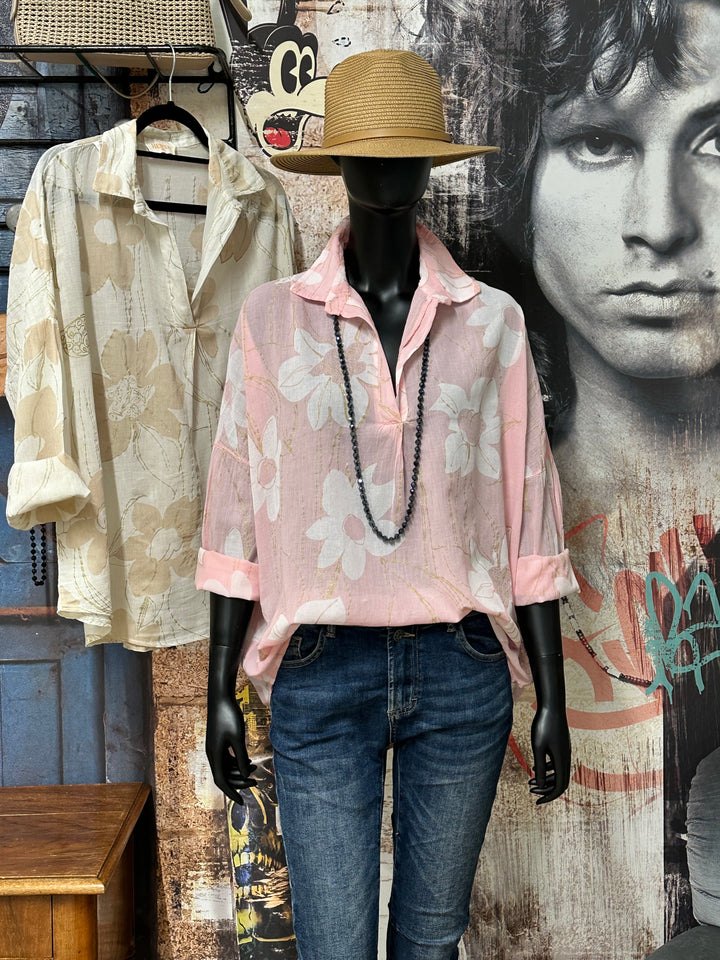 Oversize-Bluse aus Baumwollvoile „Blumen & goldener Lurex“ (38/44) MADE IN ITALY