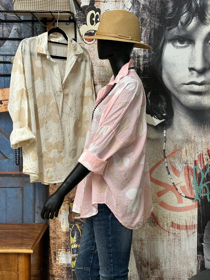 Oversize-Bluse aus Baumwollvoile „Blumen & goldener Lurex“ (38/44) MADE IN ITALY