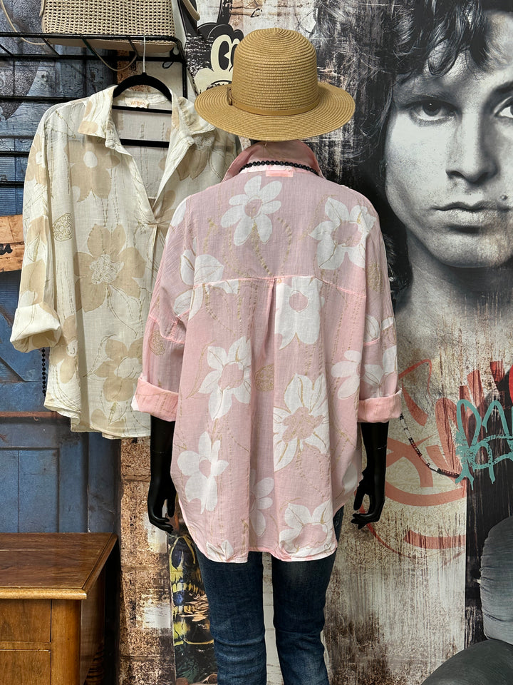 Oversize-Bluse aus Baumwollvoile „Blumen & goldener Lurex“ (38/44) MADE IN ITALY