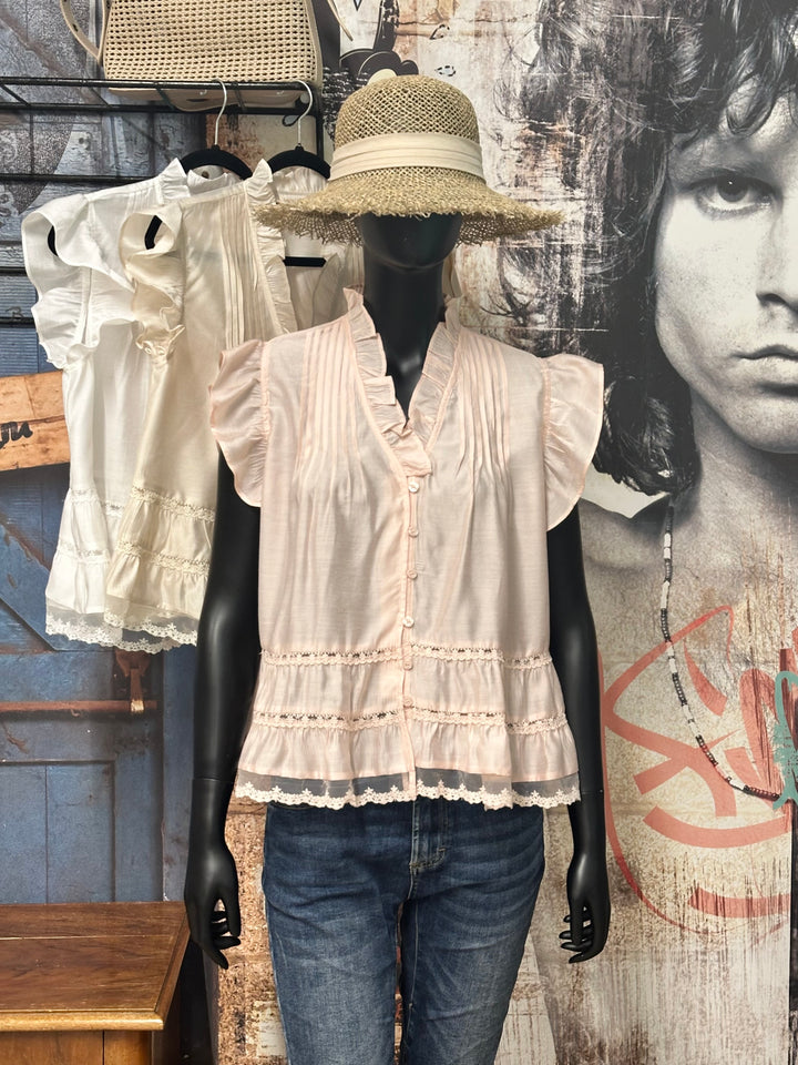 Ärmellose Bluse „Spitze & Rüschen“ (36/38 und 40/42)