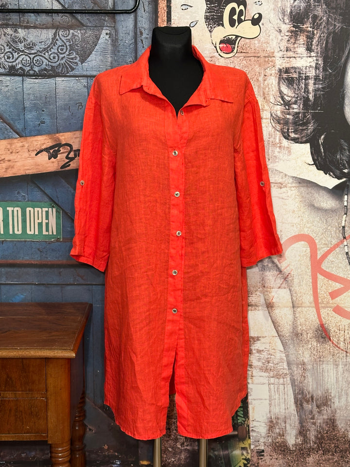Robe chemise longue 100% lin orange