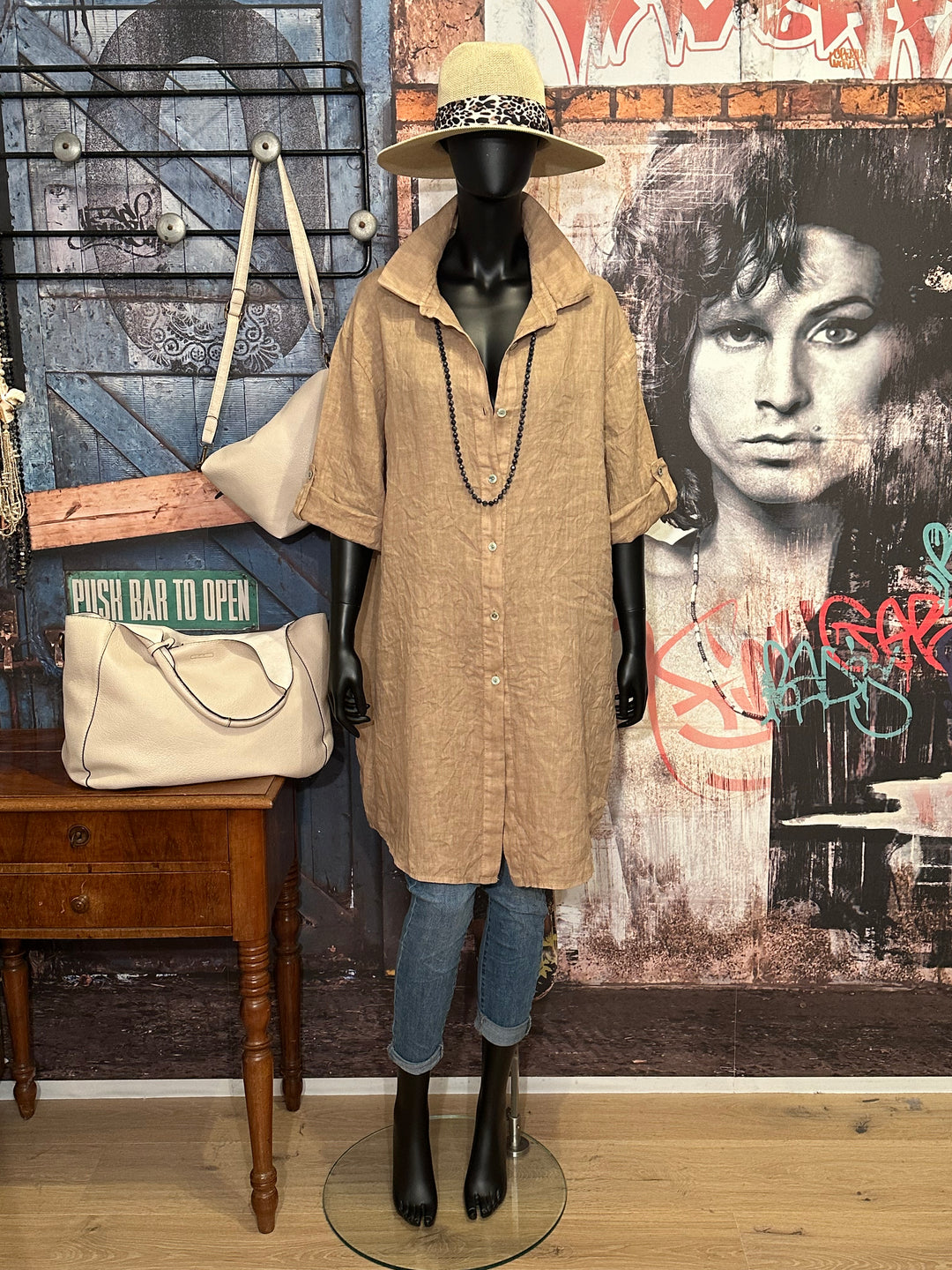 Robe chemise longue 100% lin camel
