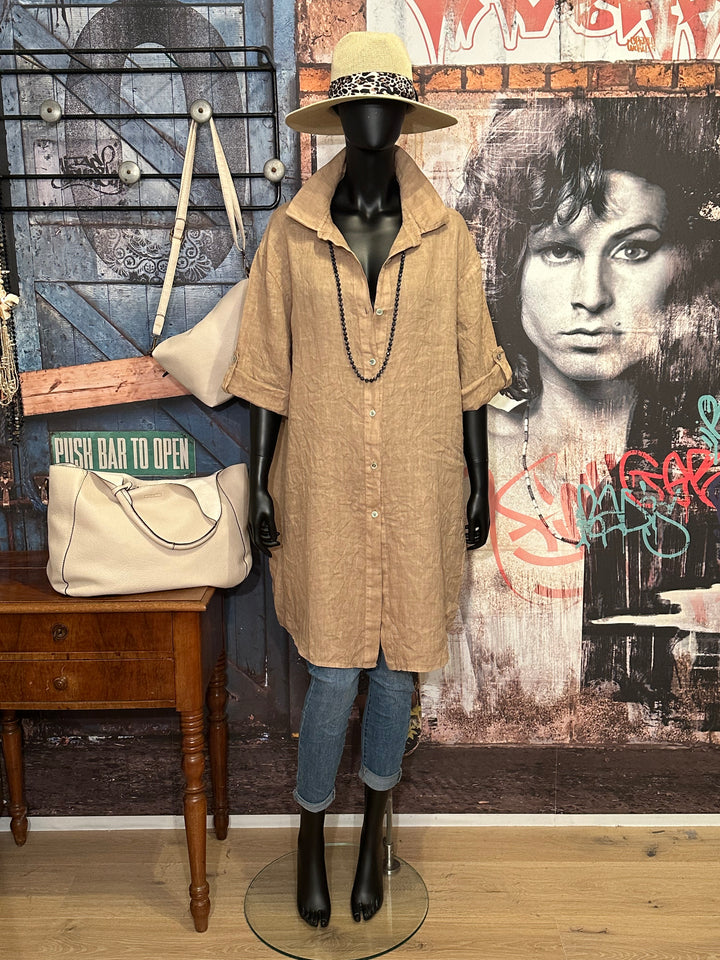 Robe chemise longue 100% lin camel