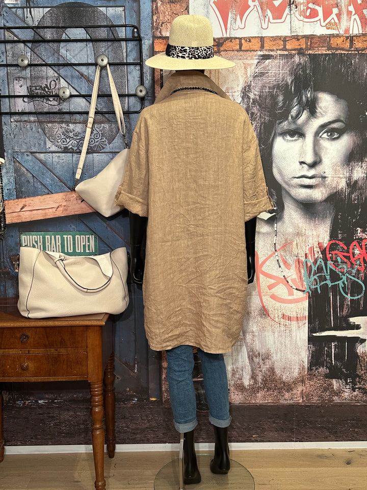 Robe chemise longue 100% lin camel