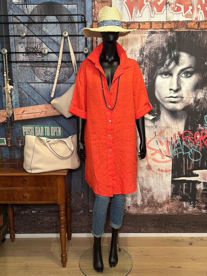 Robe chemise longue 100% lin orange