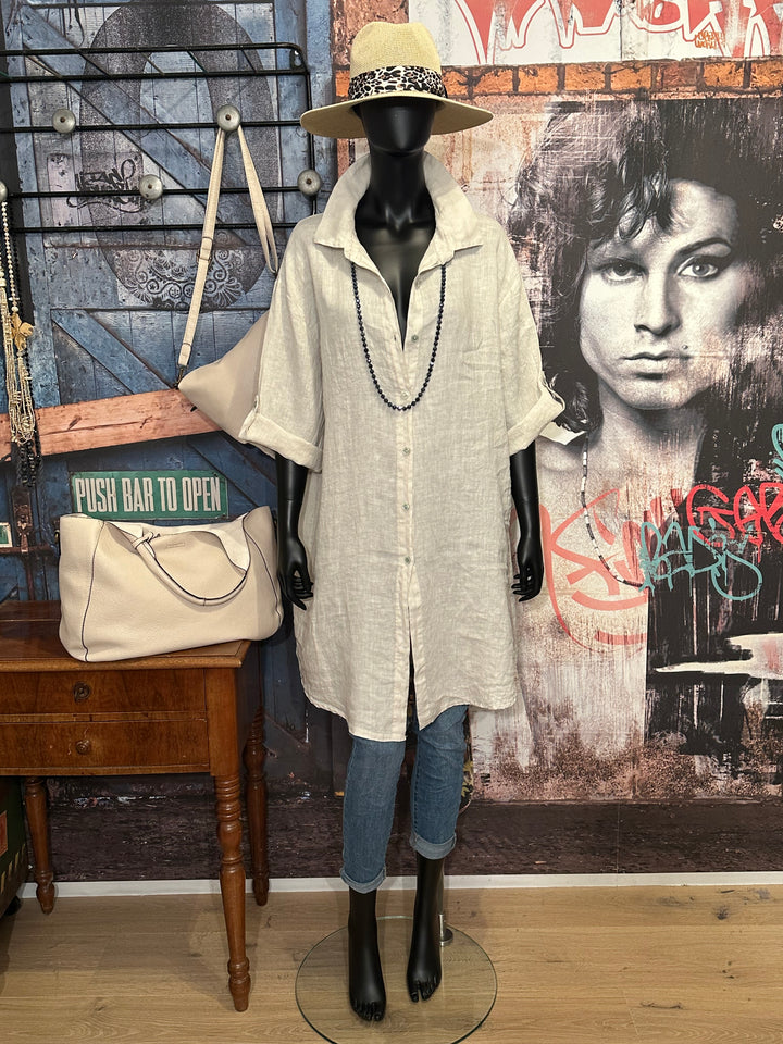 Robe chemise longue 100% lin beige clair
