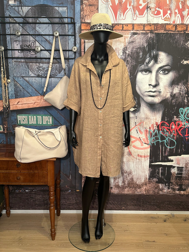 Robe chemise longue 100% lin camel
