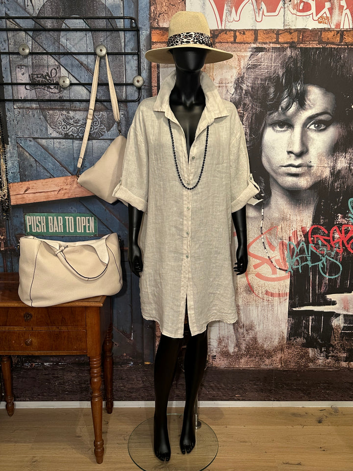 Robe chemise longue 100% lin beige clair