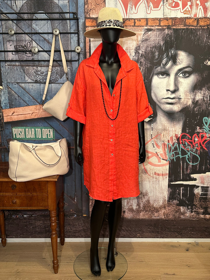 Robe chemise longue 100% lin orange