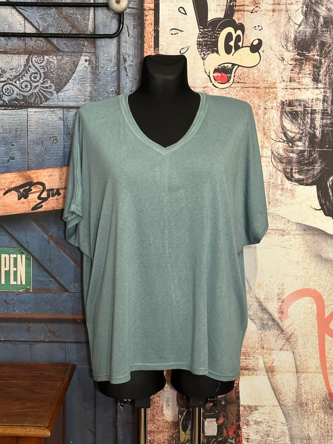 T-shirt col V lurex + size bleu glacier
