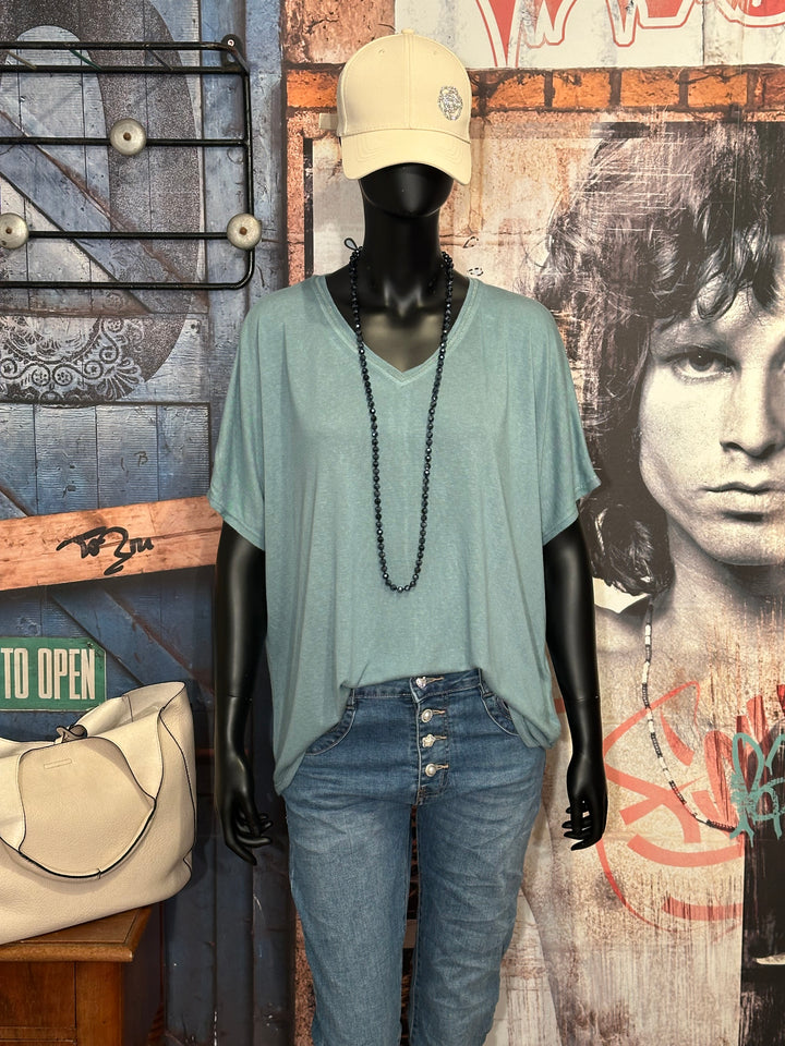 T-shirt col V lurex + size bleu glacier