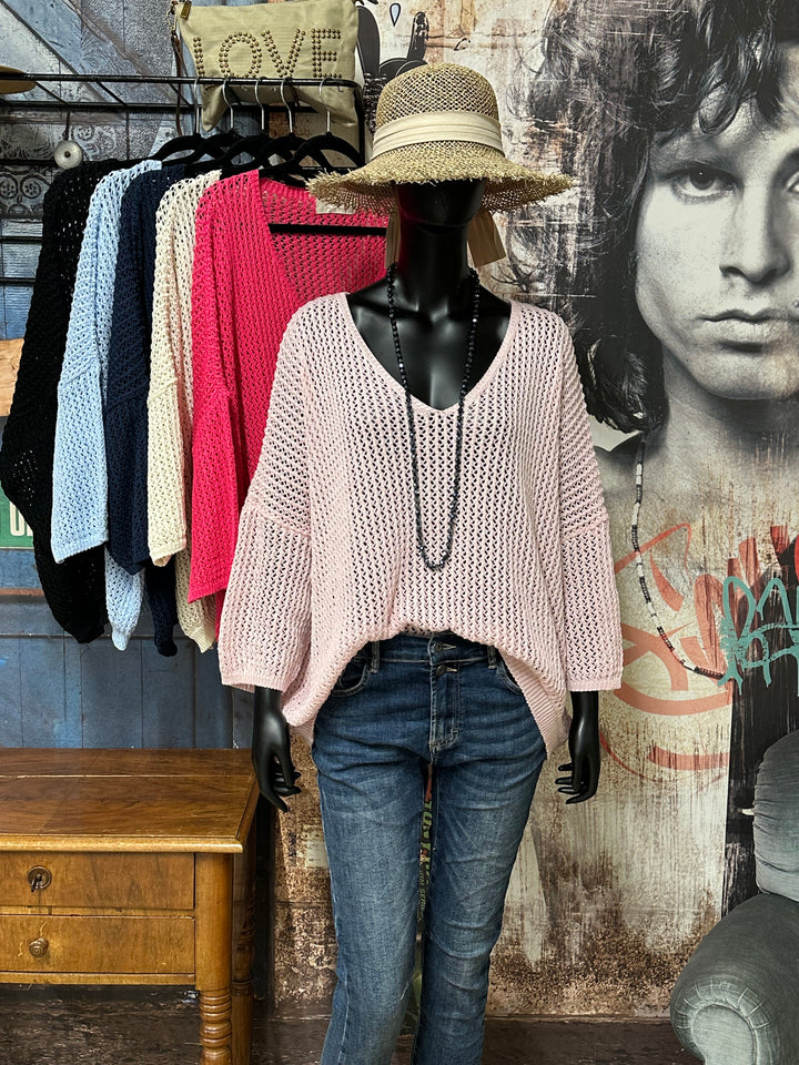 Oversize-Pullover aus durchbrochenem Strick, 100 % Baumwolle (Größen 40–46) MADE IN ITALY